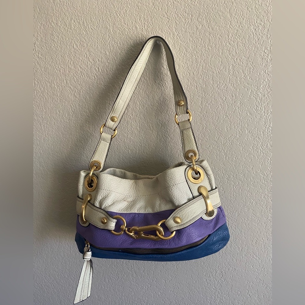 B Makowsky genuine leather colorblock shoulder bag with gold  hardware.